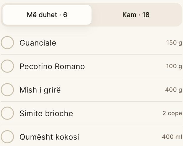 Lista e pazarit me përbërësit që mungojnë dhe sasitë.
