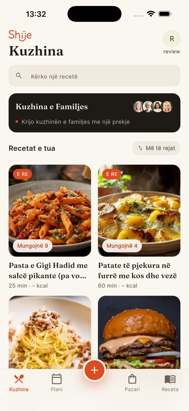 Ekrani «Kuzhina» i Shije: recetat e ruajtura me shenjat sa përbërës mungojnë.