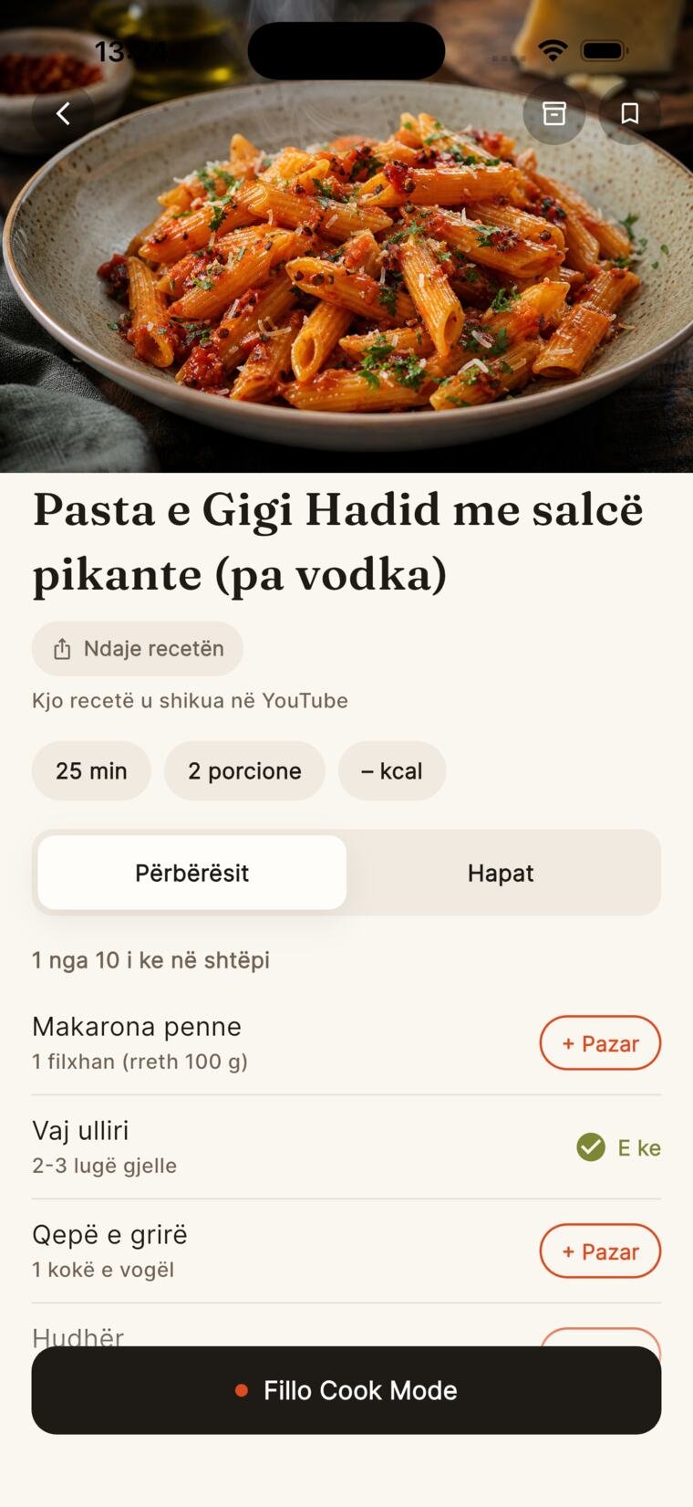 Receta e nxjerrë: përbërësit me sasi dhe shenjat «E ke» ose «+ Pazar».